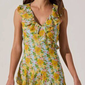 ASTR floral ruffle dress NEW w/ tags blue yellow pink green flowers size L